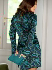 Pour Moi Black Green Louisa Satin Wrap Long Sleeve Short Dress - Image 2 of 4