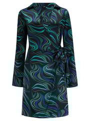 Pour Moi Black Green Louisa Satin Wrap Long Sleeve Short Dress - Image 3 of 4