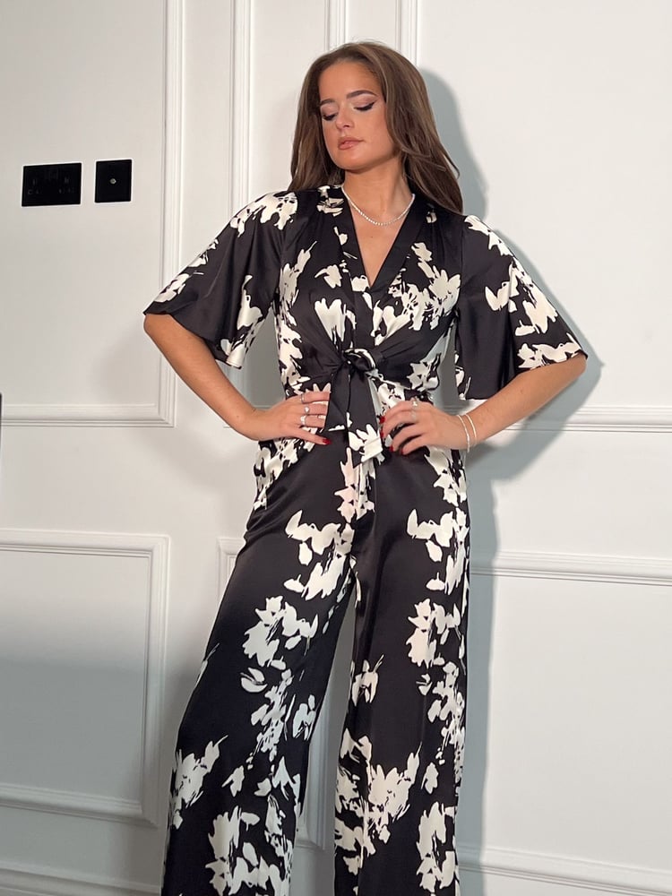Girl In Mind Black White Floral Viola Wrap Tie Detail Wide Leg Jumpsuit - Image 1 of 4