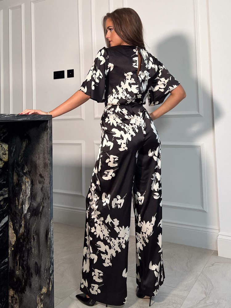 Girl In Mind Black White Floral Viola Wrap Tie Detail Wide Leg Jumpsuit - Image 2 of 4