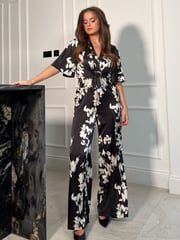 Girl In Mind Black White Floral Viola Wrap Tie Detail Wide Leg Jumpsuit - Image 4 of 4
