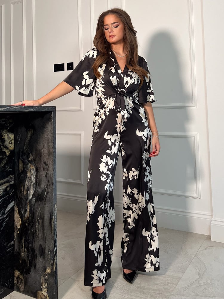 Girl In Mind Black White Floral Viola Wrap Tie Detail Wide Leg Jumpsuit - Image 4 of 4