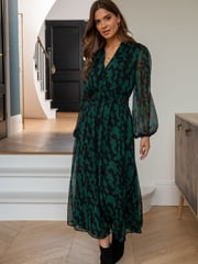 Pour Moi Green Willow Chiffon Long Sleeve Midaxi Shirt Dress - Image 1 of 4