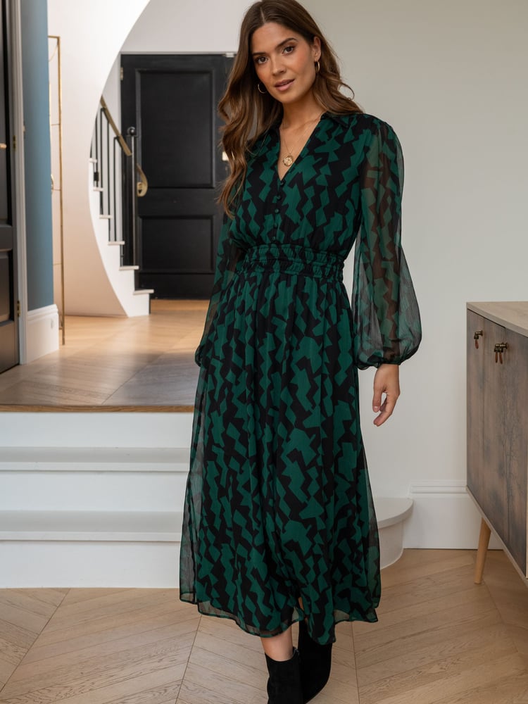 Pour Moi Green Willow Chiffon Long Sleeve Midaxi Shirt Dress - Image 1 of 4