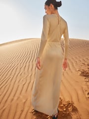 Gold Plisse Long Sleeve Knotted Dress - Image 3 of 6