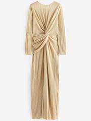 Gold Plisse Long Sleeve Knotted Dress - Image 5 of 6