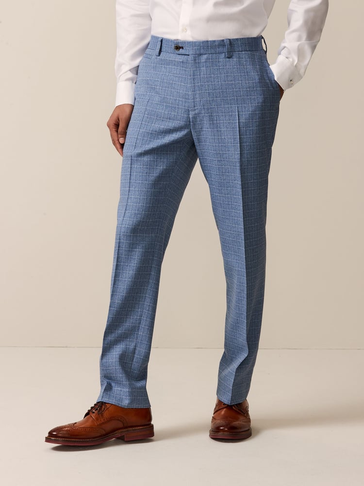 Light Blue Tailored Fit Check Suit Trousers - Image 1 of 11