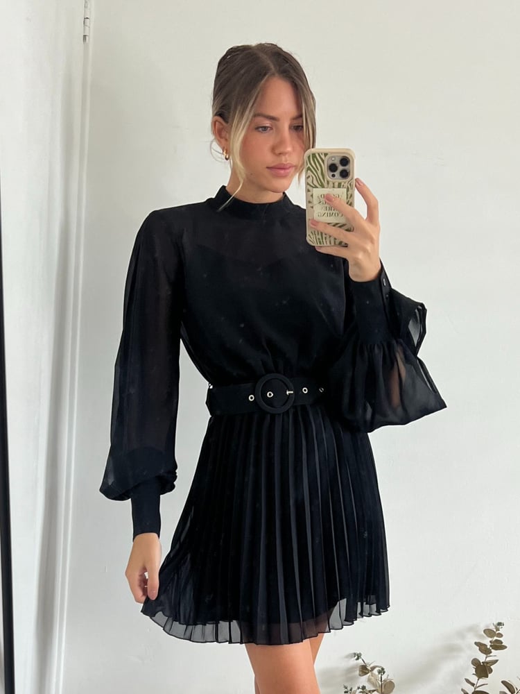 Style Cheat Black Mia High Neck Pleated Mini Dress - Image 1 of 4