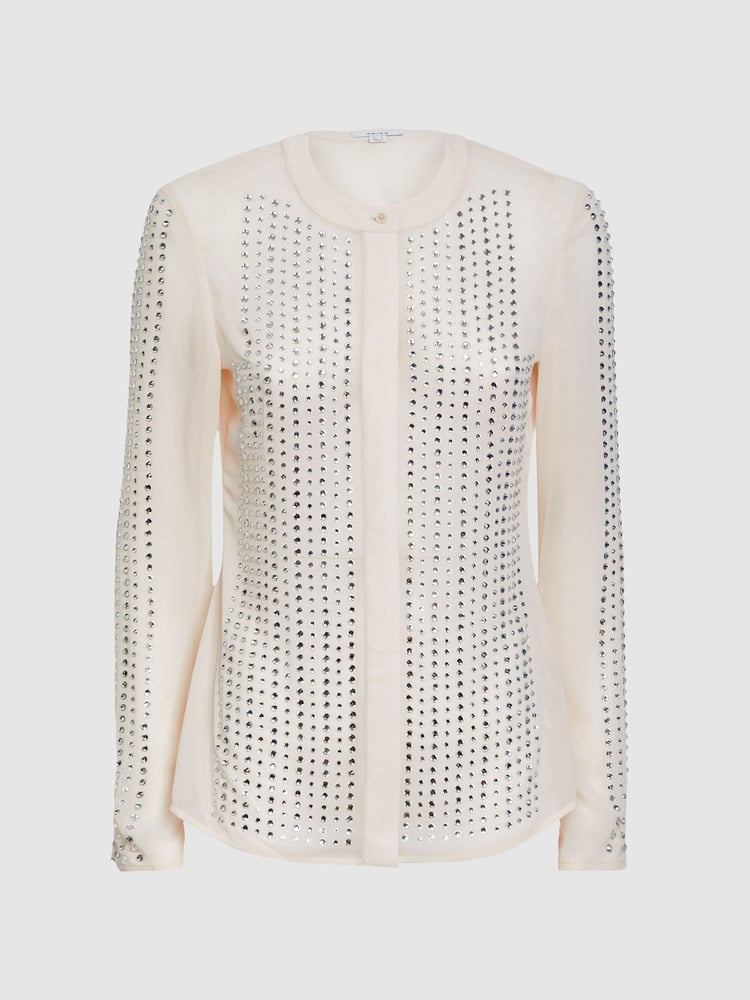 Reiss Cream Robyn Fitted Embellished Shirt - Image 2 of 5