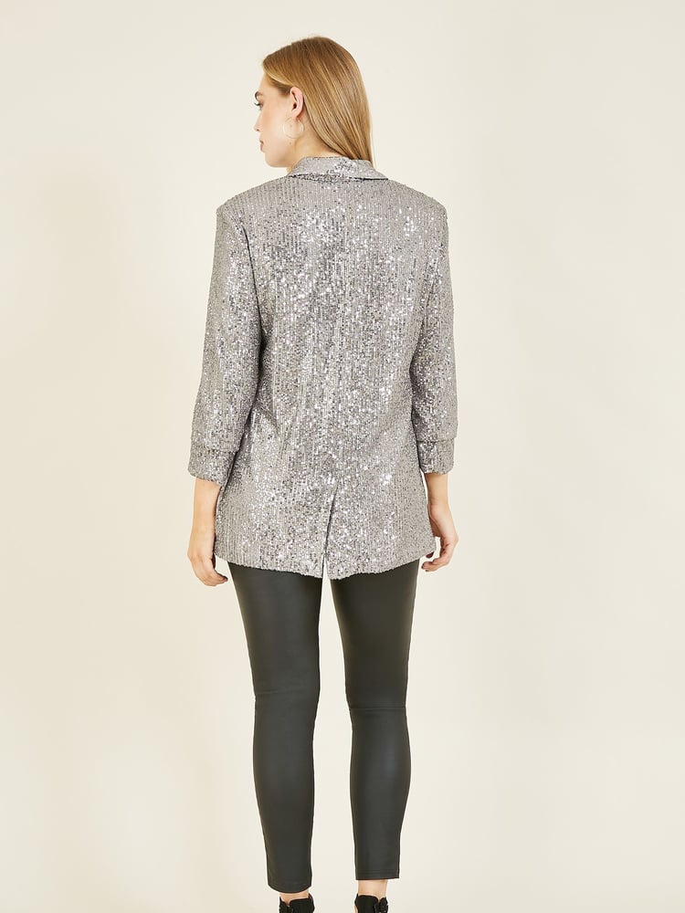 Yumi Silver Sequin Blazer With Pockets - Image 2 of 4