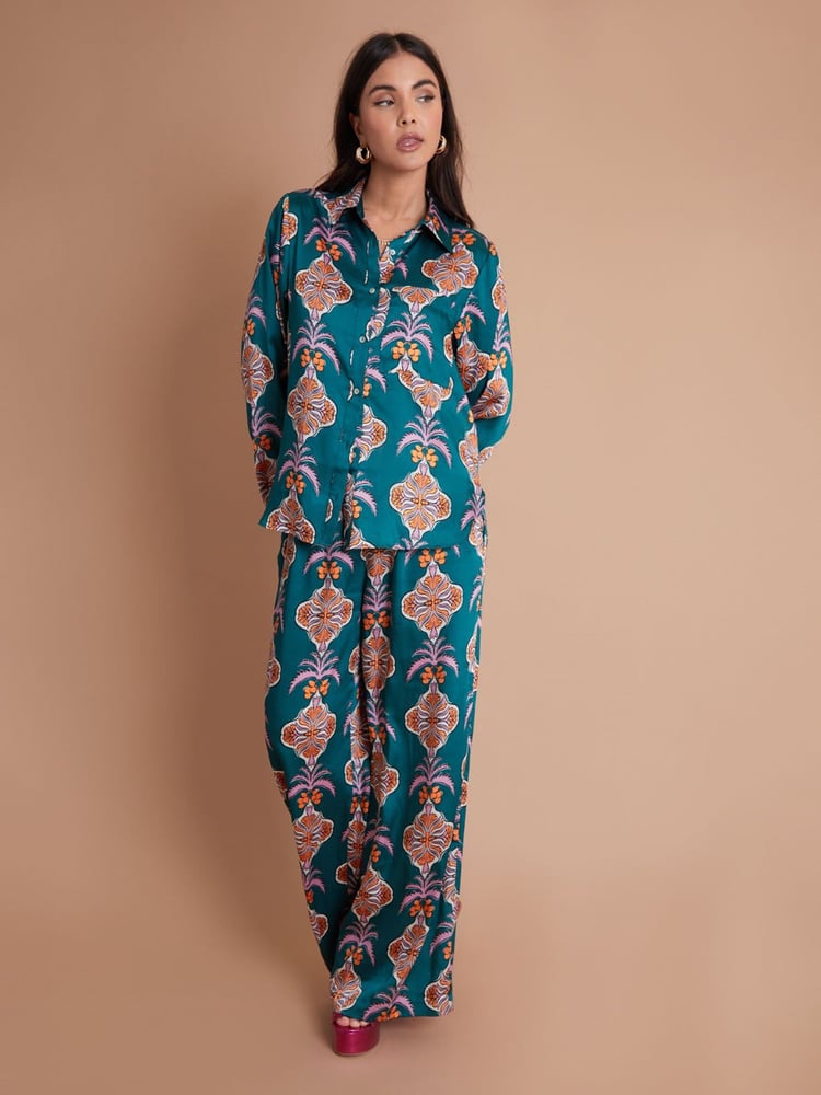 Another Sunday Long Sleeved Satin Oversized Shirt In Multi Print - Image 1 of 6