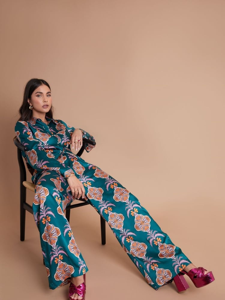 Another Sunday Long Sleeved Satin Oversized Shirt In Multi Print - Image 2 of 6