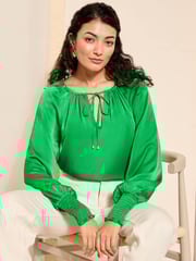 Friends Like These Green Tie Neck Long Sleeve Blouse - Image 1 of 4