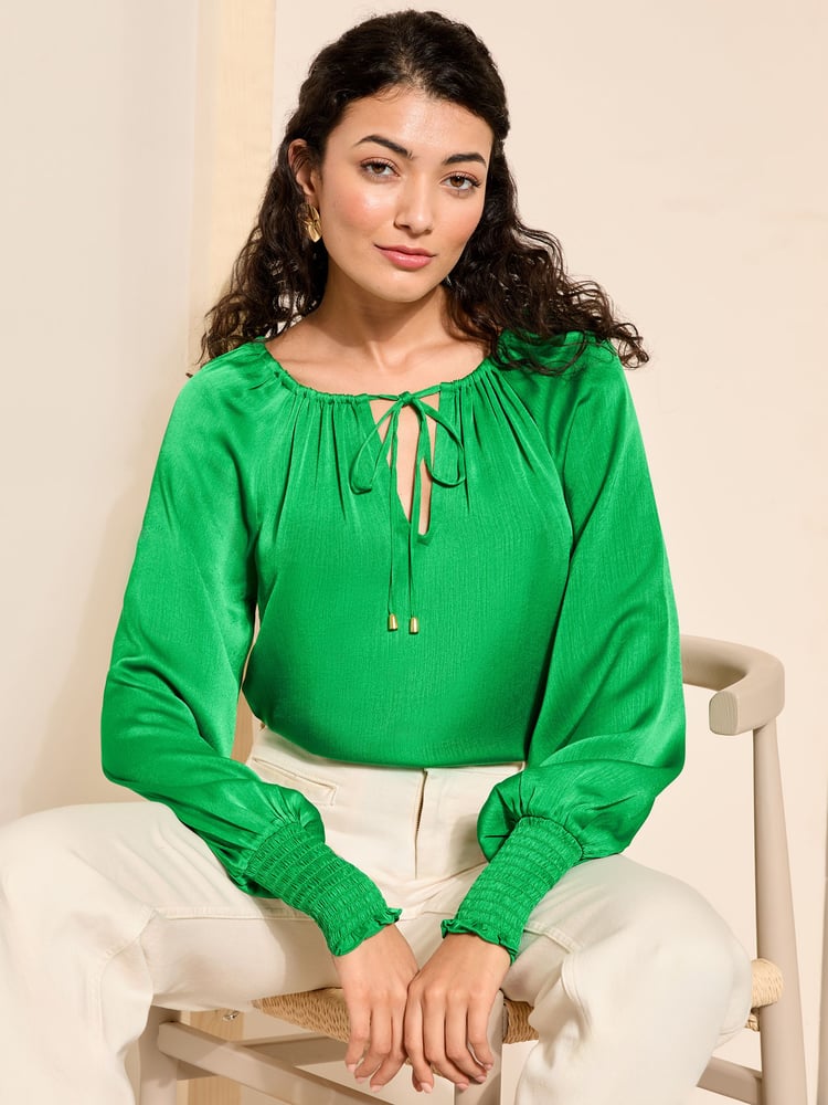 Friends Like These Green Tie Neck Long Sleeve Blouse - Image 1 of 4