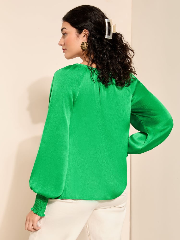 Friends Like These Green Tie Neck Long Sleeve Blouse - Image 2 of 4 Friends Like These Green Tie Neck Long Sleeve Blouse - Image 2 of 4