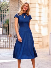 Sosandar Blue Twist Neck Metallic Fit And Flare Dress - Image 3 of 5