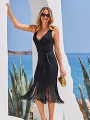 Sosandar Black Tassle Detail Wrap Dress - Image 4 of 6