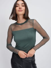 Green Long Sleeve Mesh Insert Top - Image 2 of 5