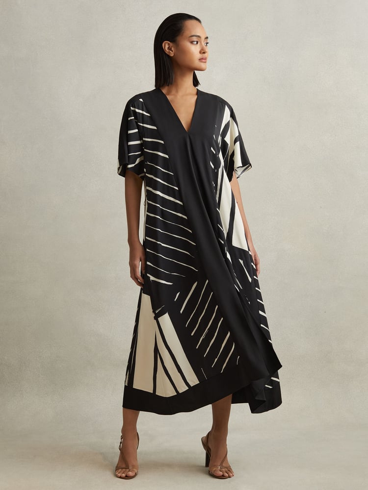 Reiss Black/White Cami Printed Fit and Flare Midi Dress - Image 1 of 7