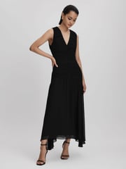 Reiss Black Saffy Ruched Bodycon Midi Dress - Image 1 of 6