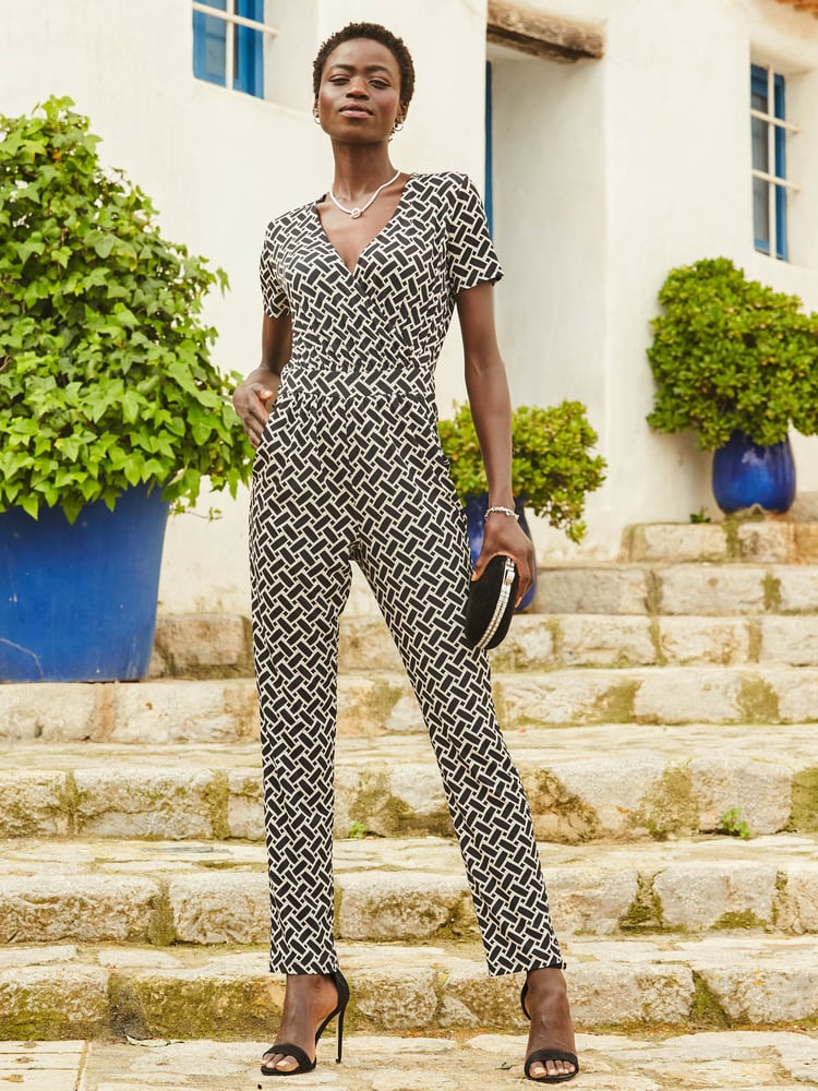 Sosandar Black Light Geometric Print Wrap Front Jumpsuit - Image 1 of 5