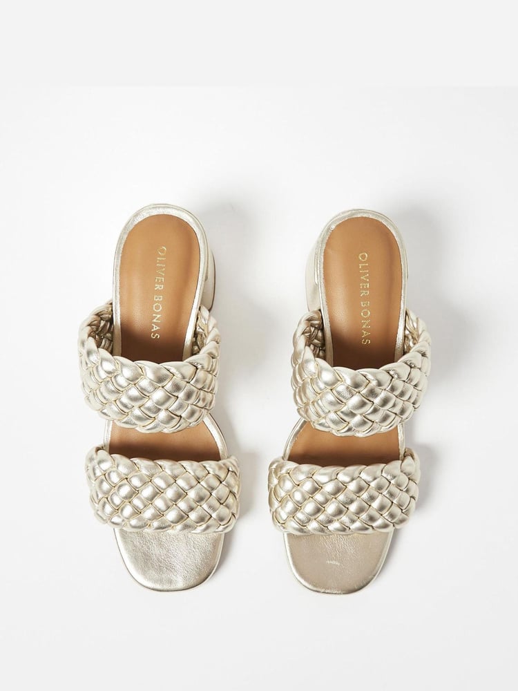 Oliver Bonas Gold Weave Block Heeled Leather Sandals - Image 2 of 5