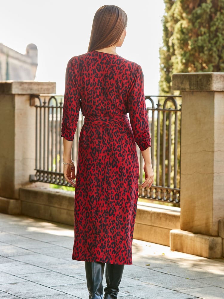 Sosandar Red Wrap Front Midi Wrap Dress - Image 2 of 5