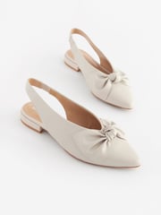 Bone Neutral Forever Comfort® Leather Point Toe Bow Slingback Shoes - Image 3 of 7