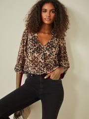 Brown Animal V-Neck Metallic Spot 3/4 Sleeve Blouse - Image 1 of 6