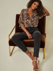 Brown Animal V-Neck Metallic Spot 3/4 Sleeve Blouse - Image 2 of 6