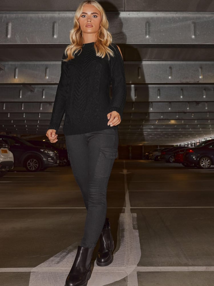 PixieGirl Petite Black Cold Shoulder Jumper - Image 1 of 5