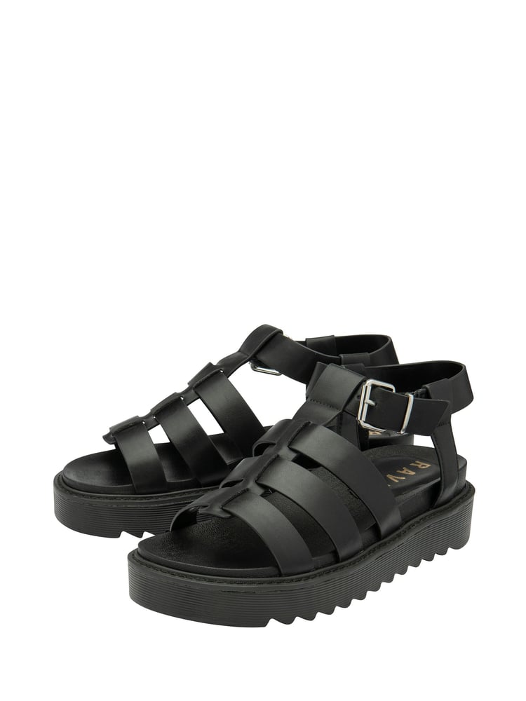 Ravel Black Fisherman Sandals On a Flatform Wedge Unit - Image 2 of 4 Ravel Black Fisherman Sandals On a Flatform Wedge Unit - Image 2 of 4