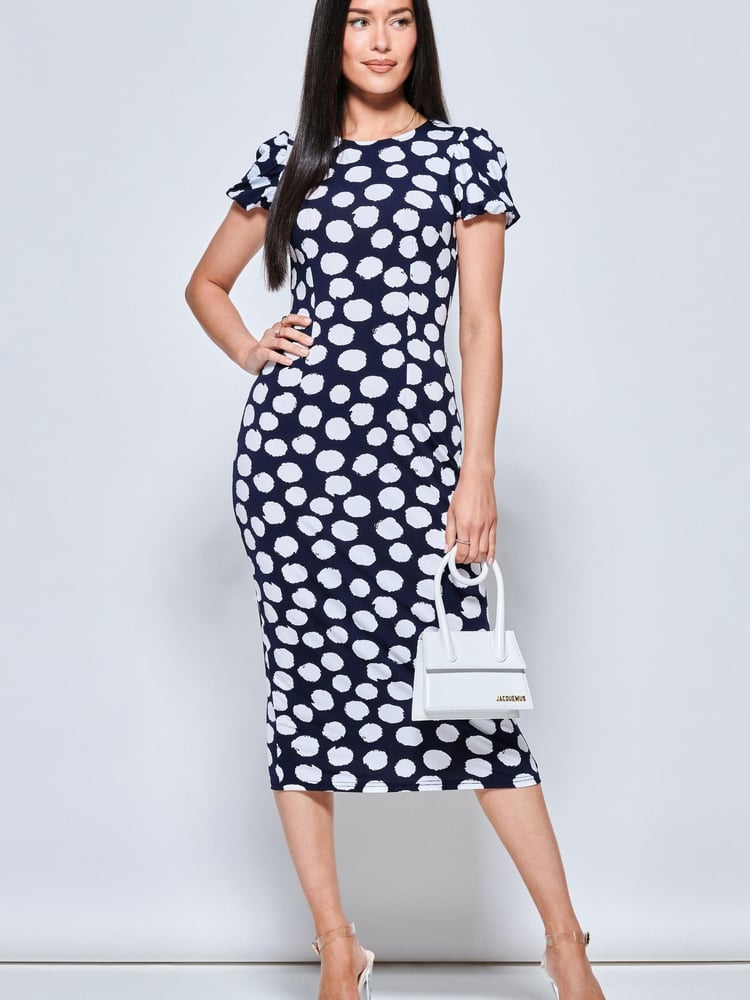 Jolie Moi Blue Short Sleeve Bodycon Midi Dress - Image 1 of 5