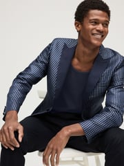 Navy Slim Fit Satin Jacquard Blazer - Image 1 of 12