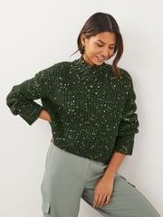Khaki Green High V-Neck Ribbed Jumper - Image 1 of 5