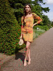 Yellow Tropical Print Kew Collection Ruched Mesh Square Neck Mini Dress - Image 1 of 7