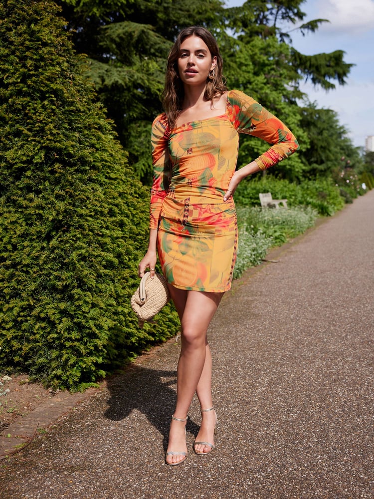 Yellow Tropical Print Kew Collection Ruched Mesh Square Neck Mini Dress - Image 1 of 7