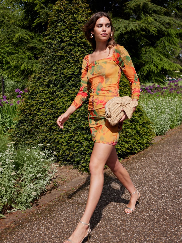 Yellow Tropical Print Kew Collection Ruched Mesh Square Neck Mini Dress - Image 2 of 7
