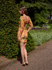 Yellow Tropical Print Kew Collection Ruched Mesh Square Neck Mini Dress - Image 3 of 7
