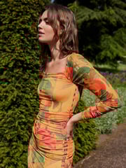 Yellow Tropical Print Kew Collection Ruched Mesh Square Neck Mini Dress - Image 4 of 7