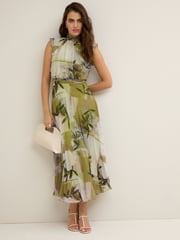 Green Floral Print Pleated Mesh Floral Occasion Midi Dress - Image 1 of 6