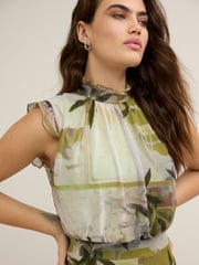 Green Floral Print Pleated Mesh Floral Occasion Midi Dress - Image 2 of 6