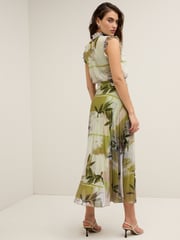 Green Floral Print Pleated Mesh Floral Occasion Midi Dress - Image 3 of 6