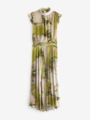 Green Floral Print Pleated Mesh Floral Occasion Midi Dress - Image 5 of 6