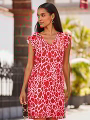 Sosandar Red Flutter Sleeve V-Neck Shift Dress - Image 1 of 5