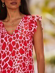 Sosandar Red Flutter Sleeve V-Neck Shift Dress - Image 5 of 5