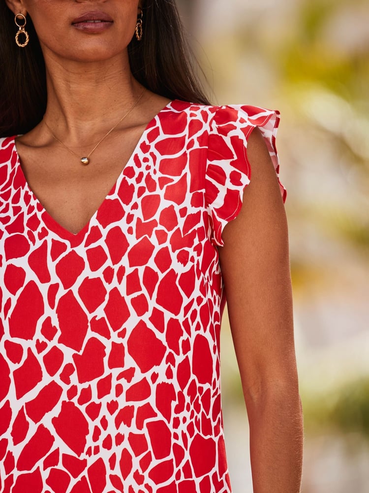 Sosandar Red Flutter Sleeve V-Neck Shift Dress - Image 5 of 5