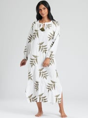 South Beach White Longsleeve Tie Neck Beach Dress with Leaf Embroidery - Image 1 of 5
