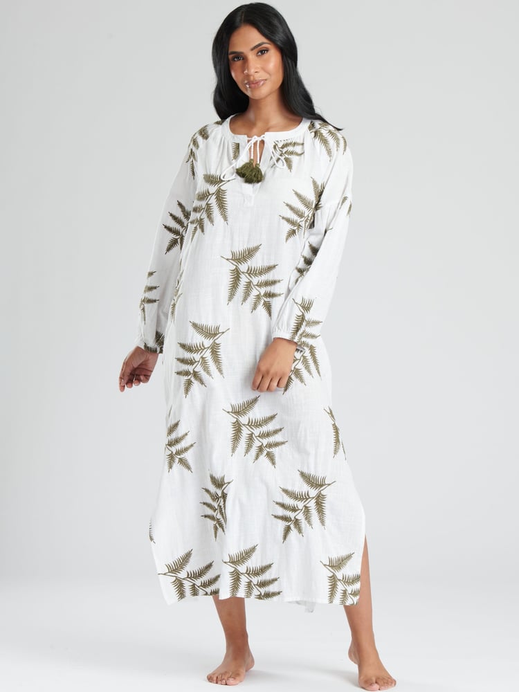 South Beach White Longsleeve Tie Neck Beach Dress with Leaf Embroidery - Image 1 of 5
