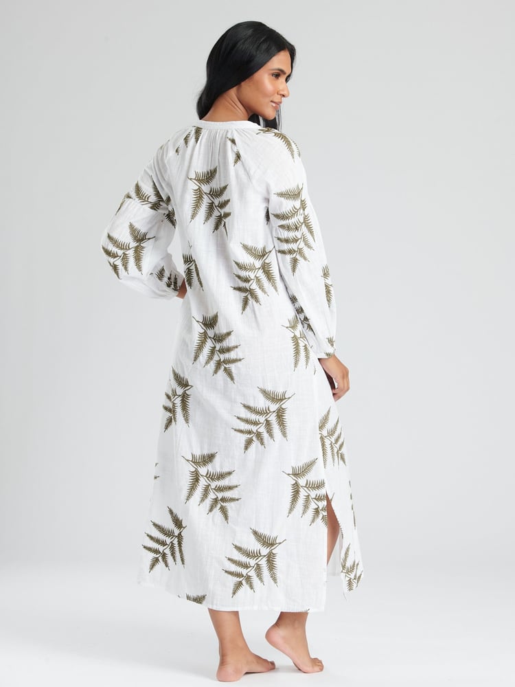 South Beach White Longsleeve Tie Neck Beach Dress with Leaf Embroidery - Image 2 of 5